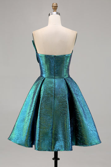 Metallic Peacock Green Ruched Strapless A Line Homecoming Dress